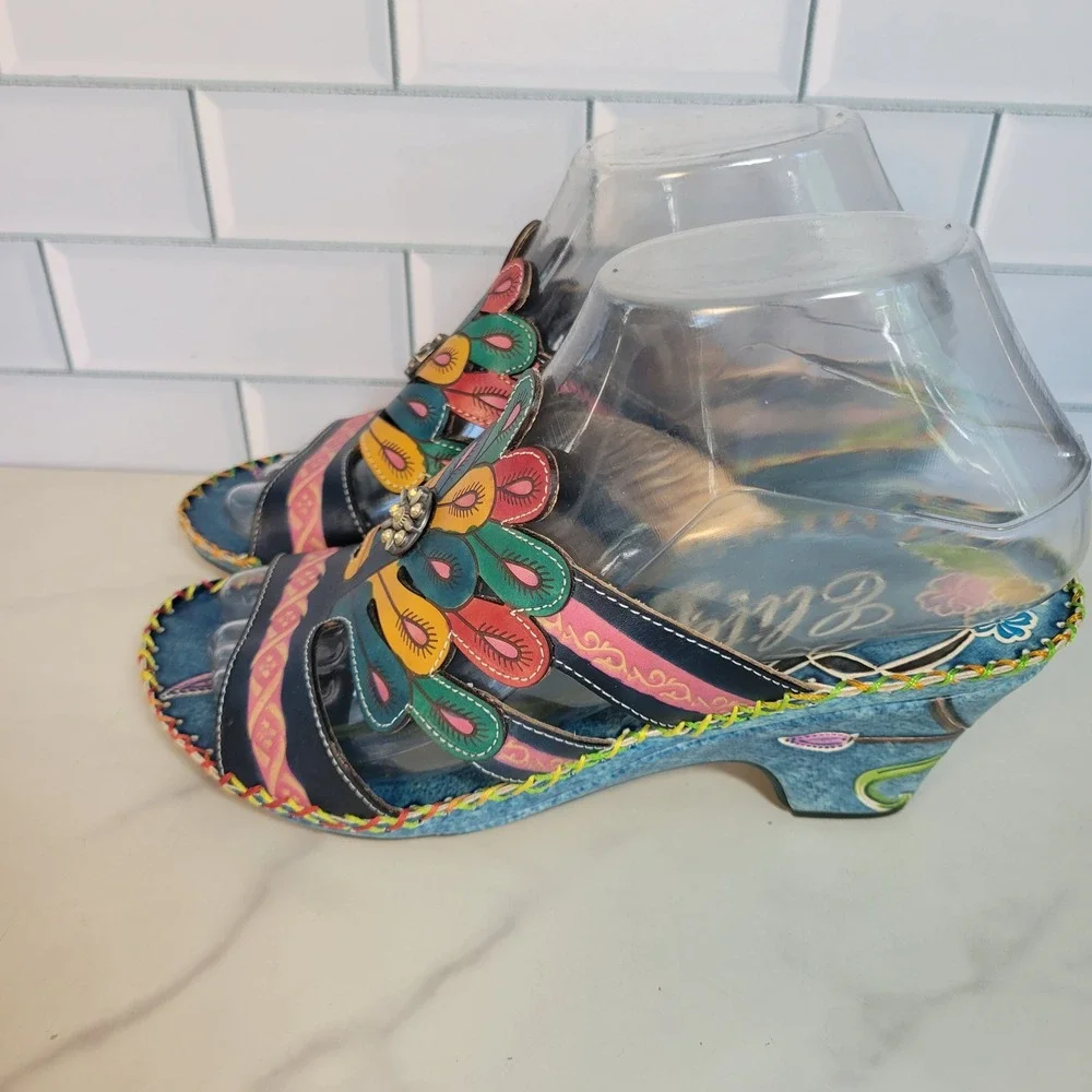 Elite by Corkys Bonsai Blue Leather Peacock Hand Painted Wedge Sandals Womens 6